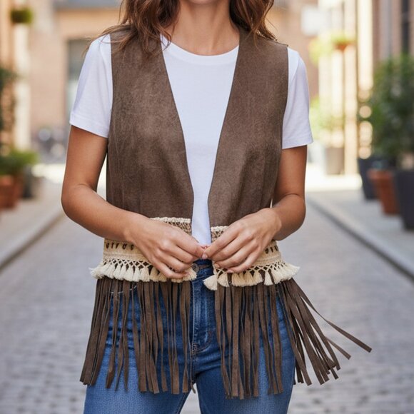 Made in Italy Brown Faux Suede Fringe Vest Boho Gypsy Festival Tassel Trim M - Picture 1 of 9